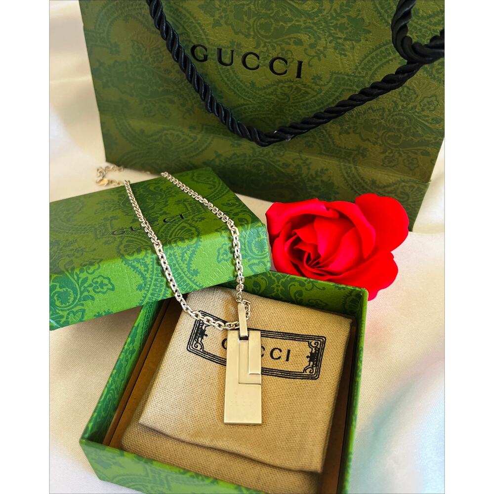 GUCCI Necklace Pendant Trademark Mark Plate Rectangle 925 Sterling Silver 17” - Picture 4 of 12